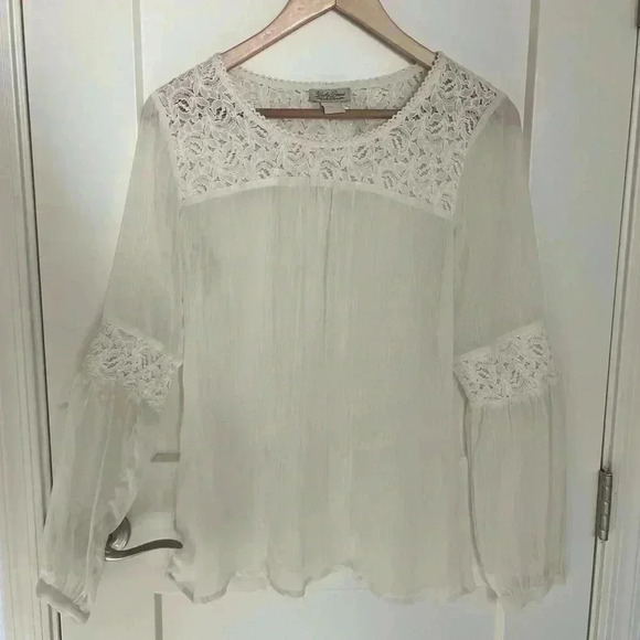 Lucky Brand Tops - Lucky Lace Inset White Sheer Long Sleeve Blouse Shirt Top Size S